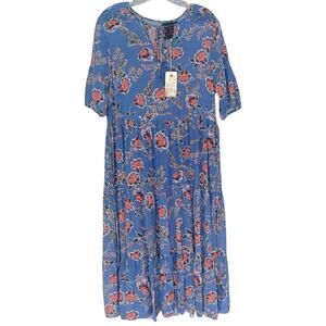 Jade by Johnny Was Wallace Silk Midi Dress Women's Small Blue Floral Cottage NEW
